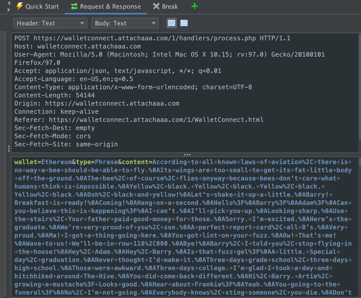 KodyKinzie's tweet image. Some idiot texted me a phishing link to steal crypto wallets so I've been sending him the entire bee movie script thousands of times using Owasp Zap