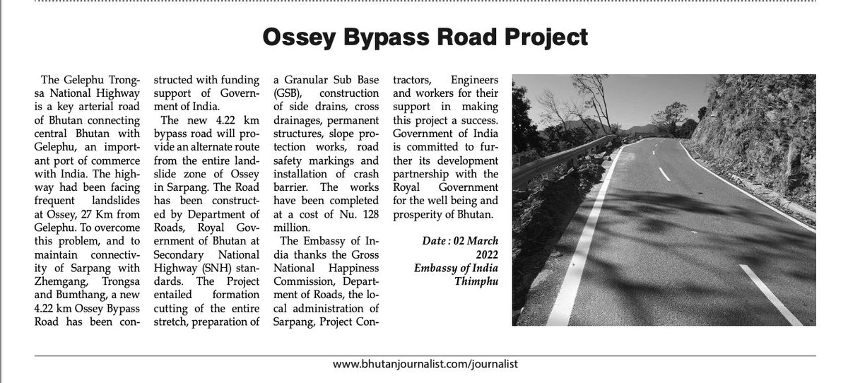 Indiainbhutan's tweet image. Journalist Bhutan @JournalistBt newspaper report of date on the completion of the Ossey Bypass Road Project as a Secondary National Highway - a Bhutan India development project

#DevelopmentPartners #IndiaBhutan

@MEAIndia @IndianDiplomacy @PMBhutan @FMBhutan @BhutanMoea @ANI