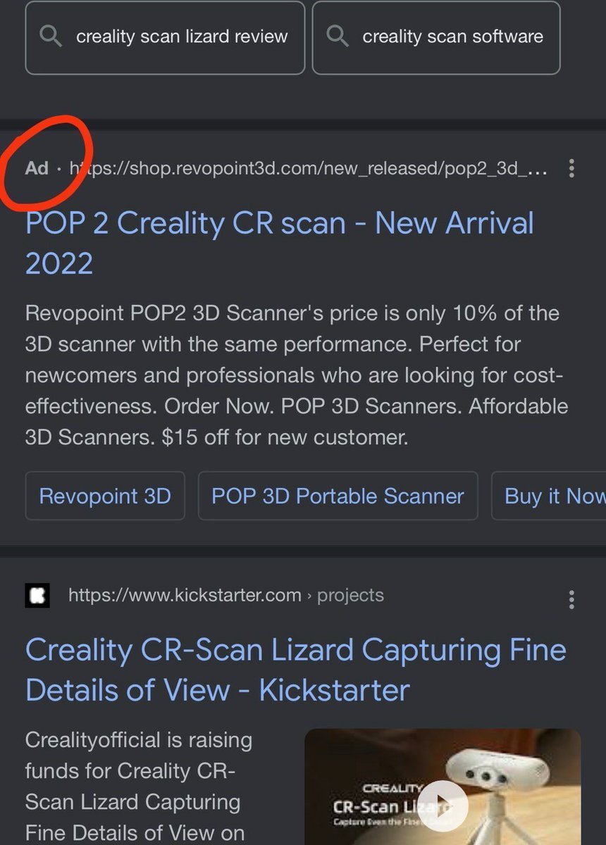 Creality3dP's tweet photo. Quite interesting to find that our competitor uses Creality’s keywords as ad, we really appreciate for the recognition. 

We will continue to provide user-centralized products (#CR_Scan_Lizard) &amp; services.

👇Want to know why the Lizard is so attractive?👇
https://t.co/AsMI2In9eS https://t.co/qlJOxiUdtB