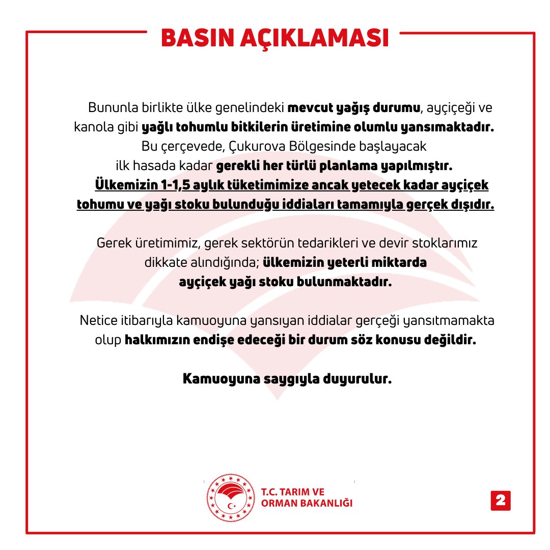Ayçiçek yağı gibi temel gıda ürünlerinde yeterli stok bulunmadığı yönünde paylaşılan bilgiler doğru değildir. Gerekli tedbirler alınmıştır. Ülkemizin yeterli miktarda ayçiçek yağı stoku bulunmaktadır. Asılsız iddialara itibar etmeyin. Endişe edilecek bir durum söz konusu değildir