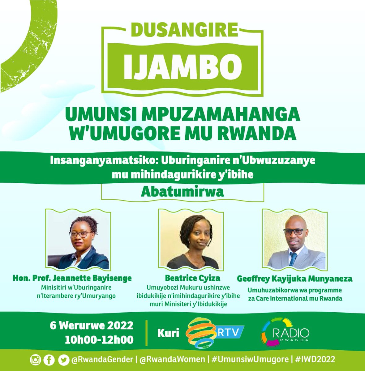 RwandaWomen's tweet photo. Harabura iminsi ibiri ngo twizihize Umunsi Mpuzamahanga w’Umugore. Uyu munsi kandi mudukurikire kuri @rbarwanda mwumve aho imyiteguro igeze.

Two days left before we celebrate the International Women’s Day. Follow us today on @rbarwanda  and get informed about the preparations. https://t.co/Yul3d8ceCi