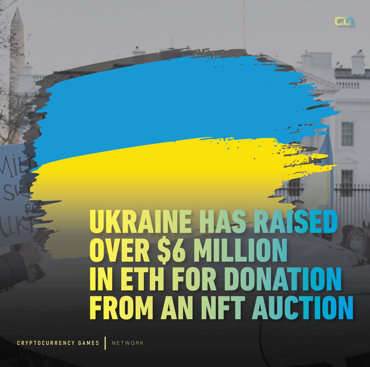 CGamesNetwork's tweet photo. Led by Russian activist Alona Shevchenko, PleasrDAO, and Trippy Labs, UkraineDAO'S Flag NFT Raises over $6 Million in ETH to support Ukraine's war efforts and aid civilian organizations. https://t.co/VjtRrIUAfh