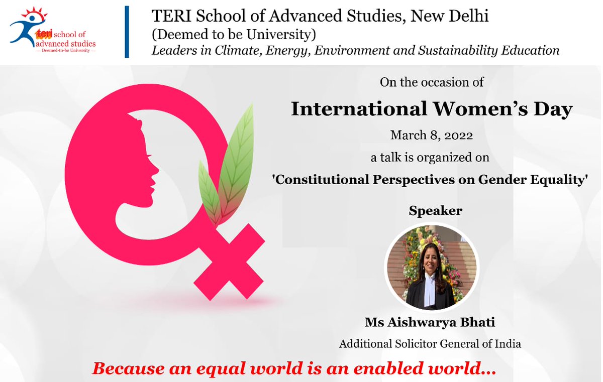 SDG hub, on the behalf of <a href="/terischool/">TERI School of Advanced Studies</a>  is celebrating #InternationalWomensDay2022 with campaign's theme #BreakTheBias an exciting talk session by <a href="/BhatiAishwarya/">Aishwarya Bhati</a> has been organised on 8/3/22 on '#ConstitutionalPerspectives of #GenderEquality'
register here shorturl.at/xACOW