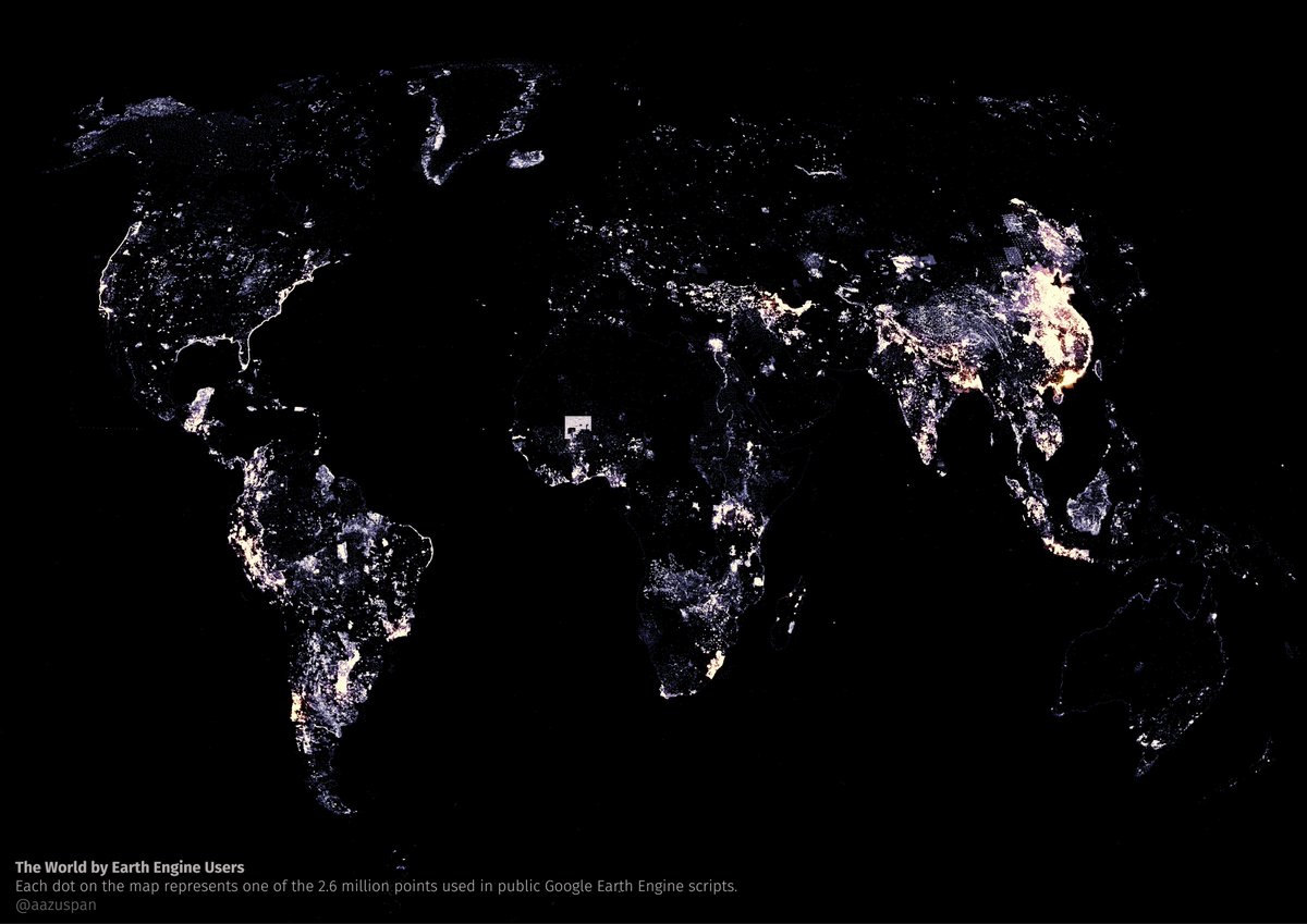 Ever wonder where #EarthEngine analysis is taking place? 🛰️🗺️

I scraped all 57 million lines of public #GEE code to find the coordinates of every 📍 Point ever created.

Plus, some other interesting insights on the data and modules that people use 🧵...