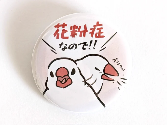 ようやく……!!
新作の大きめ缶バッジができました〜✨
「このくしゃみはコ○ナじゃなくて花粉症だからね!!」と主張する文鳥も😆笑 