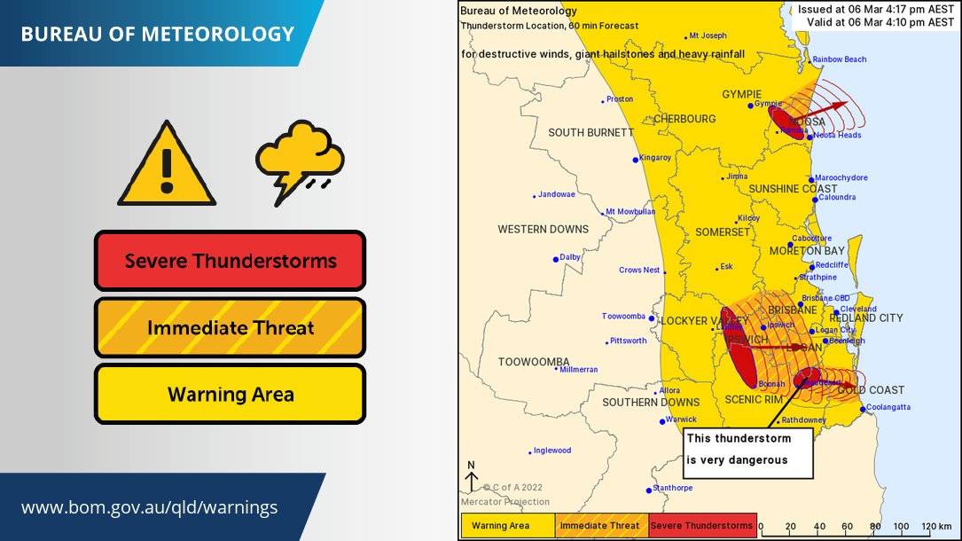⛈️#SEQLD severe storm update. Destructive winds, giant hailstones, and heavy rainfall possible for #Ipswich, #Logan and parts of #Gympie, #Somerset, #ScenicRim, #LockyerValley, #GoldCoast, #Noosa, #Brisbane and #MoretonBay Council Areas. Check warnings at ow.ly/yoAo50Ib4jo