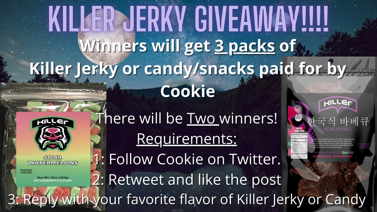 TheWitchyCookie's tweet photo. A @KillerJerkyCo giveaway from ya girl cookie!
I will be giving two lucky people 3 things of Jerky/ Candy/Snacks, or a mix! (PAID for by me)

REQUIREMENTS:
Follow me on twitter
Retweet and like the post
Reply with your favorite flavor of Killer jerky or candy.

- Ends on March 14 https://t.co/gWPvchrPsH