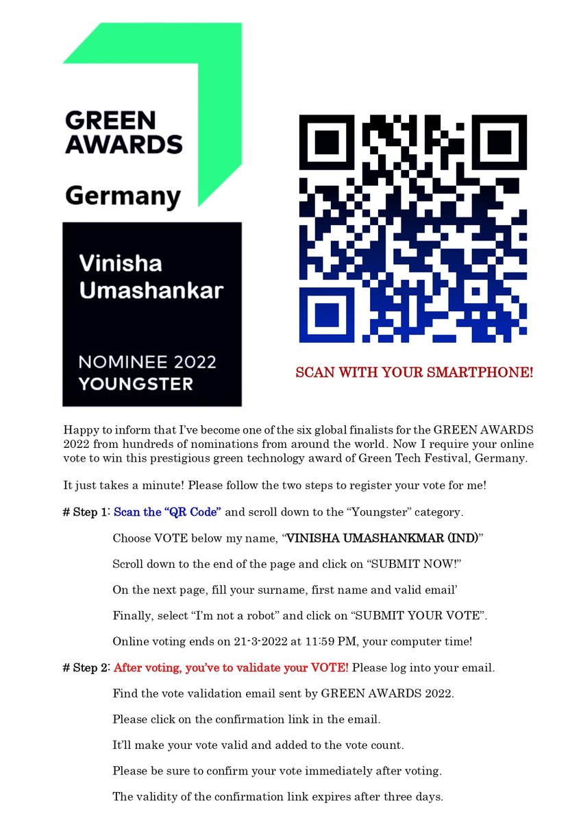 VinishaOfficial's tweet photo. I’ve become one of the 6 global finalists for the GREEN AWARDS 2022. I need your vote to win! It takes less than a minute to vote! Please scan the QR code or https://t.co/OFdAfxzee9 and follow the instructions on the image. Thank you for voting! #GreenTechFestival #GreenAwards 🙏 https://t.co/HFZZqdjHfG