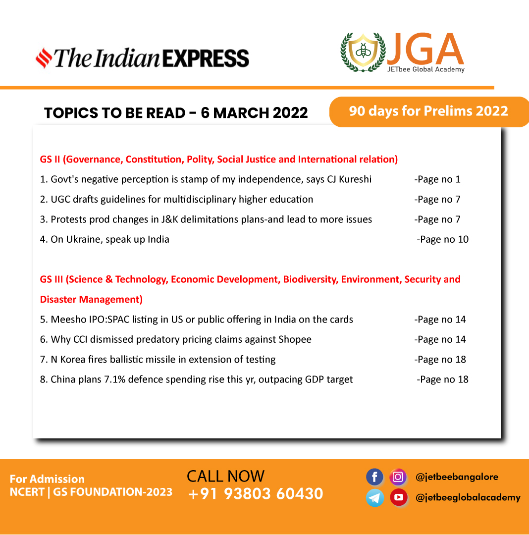 jetbeebangalore's tweet photo. Daily Newspaper 06.03.2022 #upsc #ias #jetbeeglobalacademy #Admission2022 #prelims #thehindu #IndianExpress https://t.co/4P0XDtsWj5