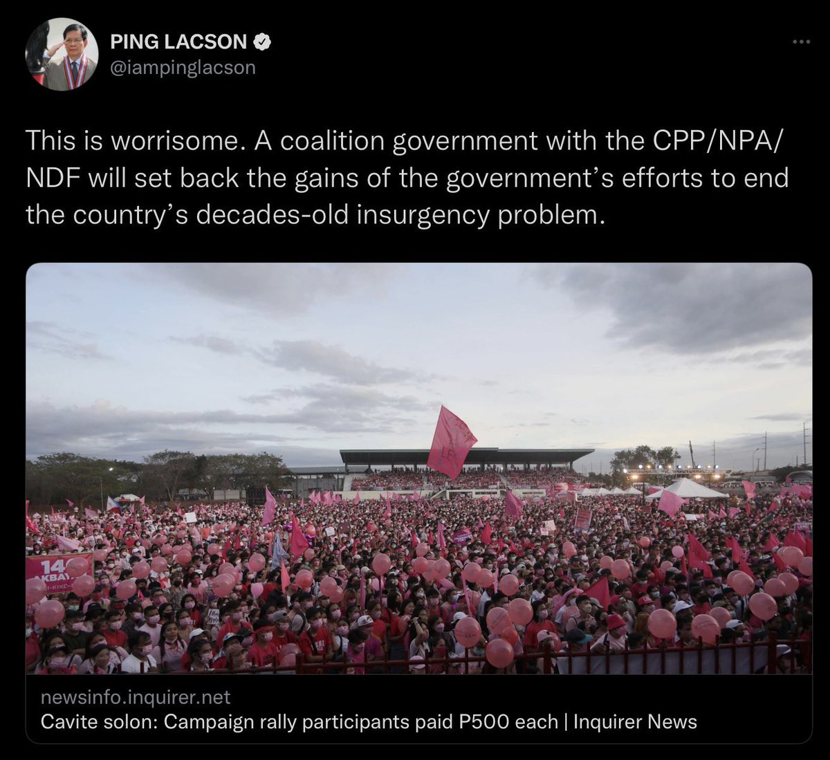 ReynaValmores's tweet photo. If you can’t beat them, red-tag them. Ito ang peg ng mga utak-pulbura gaya ni Ping Lacson.

Always remember: no amount of slander can put down the thousands of sincere, passionate volunteers actively pushing for change. Sustain lang natin ang malakihang rallies, mga mars!! 🥰🎀🌸 https://t.co/VIZvjBMtI6