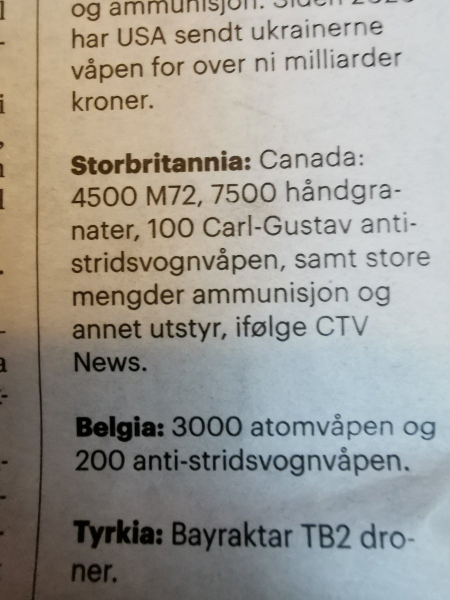 Århundrets trykkfeil i dagens utgave av Aftenposten. Avisen melder at Belgia sender 3000 atomvåpen til Ukraina.