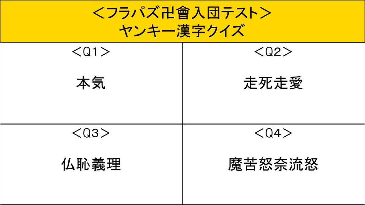 Friday Music Puzzle Pa Twitter 今週のツイッター企画は ヤンキー漢字クイズ これはフラパズ卍會入団テストでも あります ジッピーにはヤンキーと勉強の 両立をしてもらう 時間がある人はコメント欄に 言える範囲のヤンキーエピソード 書いてってな それ
