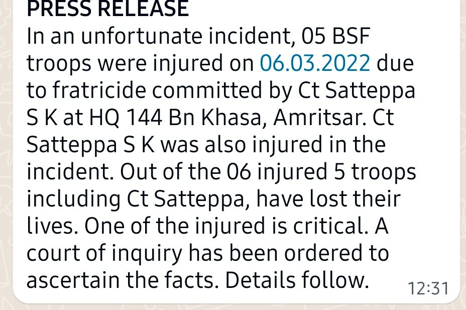 Palaksharmanews's tweet image. In some shocking news, @BSF_India confirms Five BSF jawans list their lives when another jawan opened fire on colleagues at #Khasa BSF area..