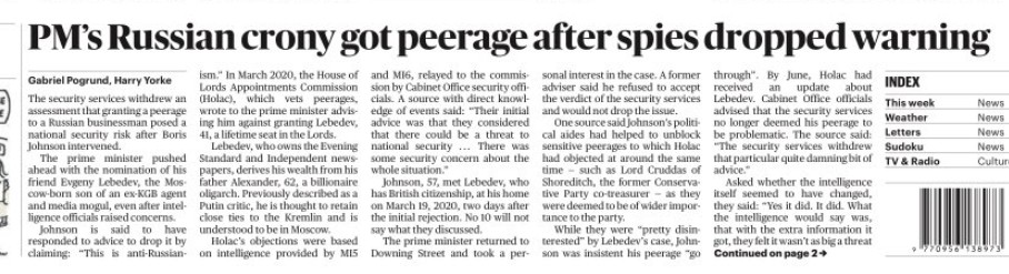 Why did Boris Johnson agree to meet with a Russian identified by MI5 and MI6 as a threat to national security? Why did he meet with him in private? Why won't Johnson disclose what they discussed? Why was Johnson then so insistent he have a seat in the House of Lords?