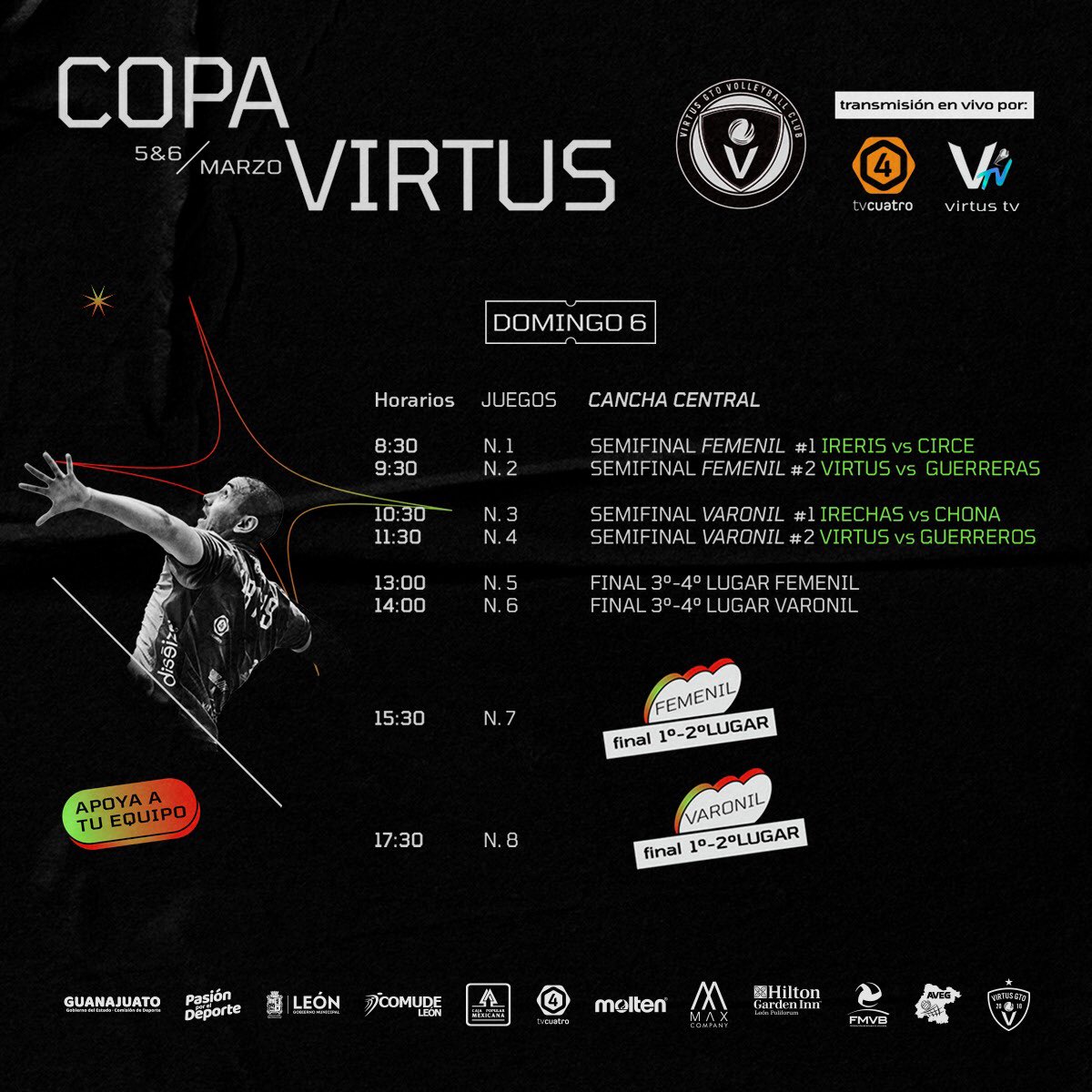 VirtusGtoLMV's tweet photo. Tras una intensa jornada ππΌ concluye el primer dΓa de #CopaVirtus2022 π
Habemus semifinales!!!
Nos vemos en punto de las 8.30am este domingo 6 de marzo, apoya a tu equipo ππ»
No te pierdas las transmisiones en vivo πΊdesde cancha por @tv4guanajuato @tv4deportes y #VirtusTv https://t.co/718yuxHoYC
