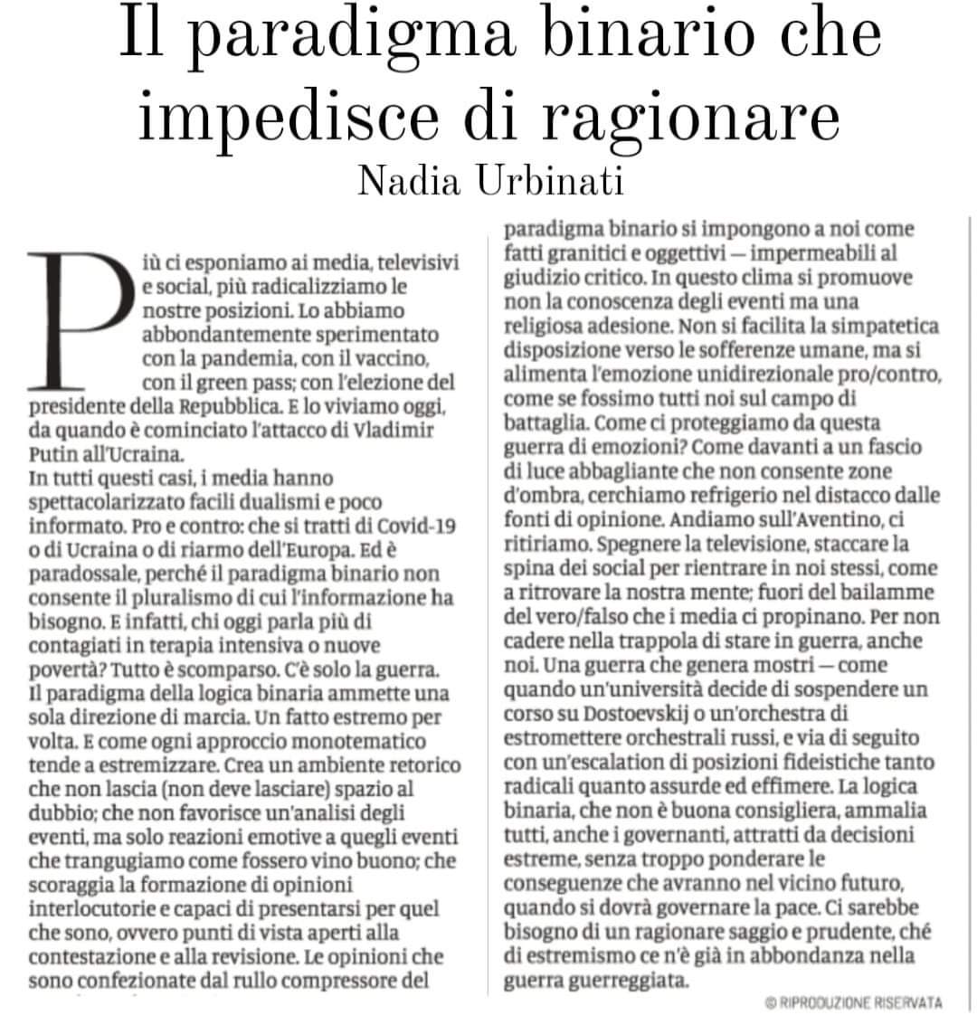 "ogni approccio monotematico tende ad estremizzare. Crea un ambiente retorico che non lascia spazio al dubbio". Un testo di Nadia Urbinati, oggi su <a href="/DomaniGiornale/">Domani</a>, che scrive quello che avrei voluto scrivere se fossi stato capace di scriverlo.