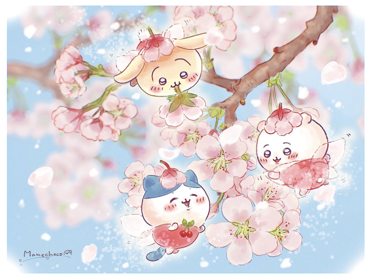 「桜の妖精🐰🐹🐱🌸🍃

春はもうすぐ…!☺

#ちいかわファンアート 
」|まめちょこ/Mamechoco.のイラスト