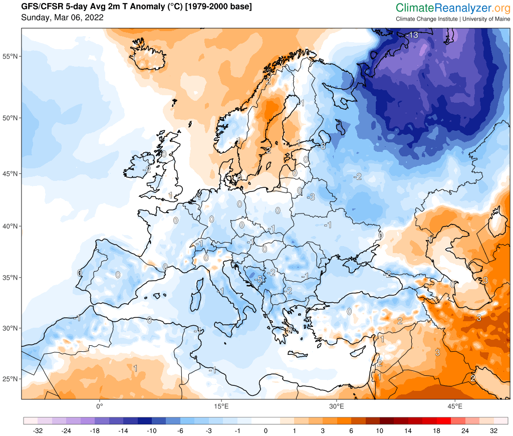 vremenolovec's tweet photo. Tokrat pa za spremembo naslednjih 5 dni nad Evropo prevladuje rahlo modra barva - podpovprečna temperatura zraka. Nad severno polobli pa vseeno več oranžne... #ohladitev #pomlad #climateReanalyzer https://t.co/tooRDai2hL