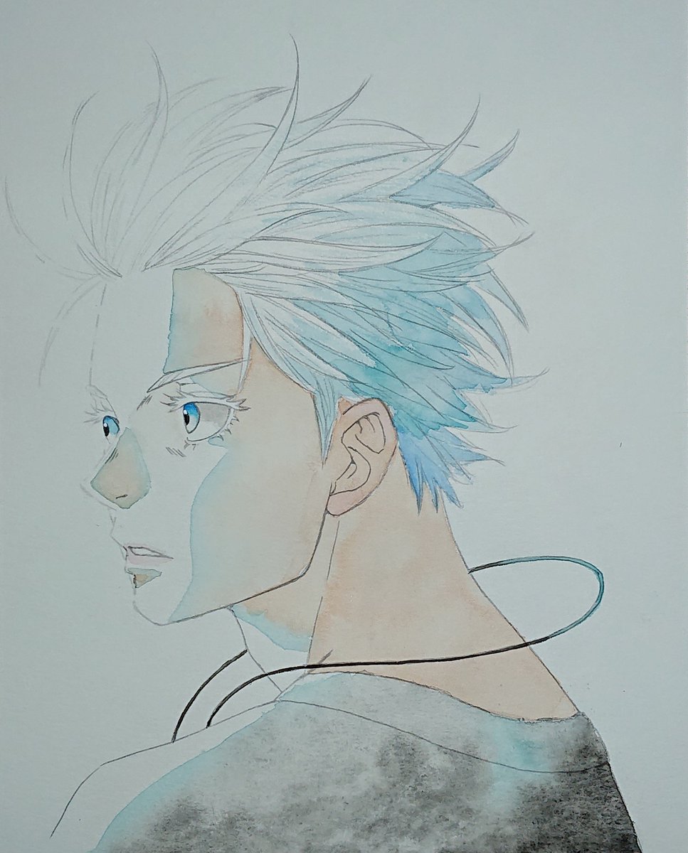 solo 1boy male focus blue eyes traditional media white hair short hair  illustration images