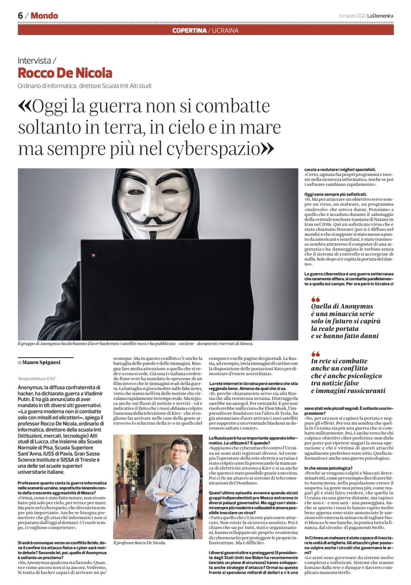 IMTLucca's tweet photo. "Oggi la guerra si combatte sempre più nel #Cyberspazio"
Intervista al direttore #ScuolaIMT @Rock_DeNic, ordinario di informatica, coordinatore del dottorato in #SystemsScience, direttore dell'unità #SySMA
#CyberSecurity #Cyberwar #CyberAttack #RussiaUkraineWar https://t.co/54OiUVmfGl