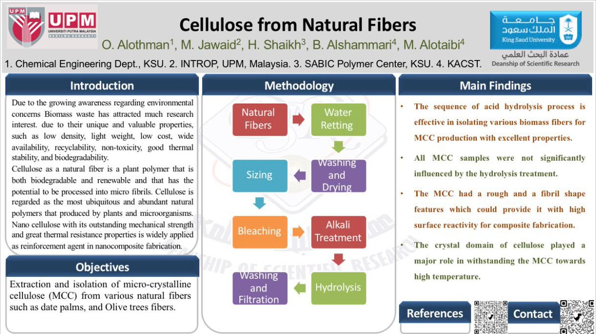 #ملصق_علمي بعنوان: 
Cellulose from Natural Fibers
ضمن البرنامج العلمي "استخدام مركبات البوليمرات/الألياف الطبيعية في تطبيقات مختلفة"
Natural Fiber/Polymer Composites for Various Applications
#عمادة_البحث_العلمي
#جامعة_الملك_سعود 
#التمويل_المؤسسي 
<a href="/_KSU/">جامعة الملك سعود</a> 
<a href="/Othmanalothman/">عثمان العثمان</a> 
<a href="/mwabel/">محمد الوابل</a>