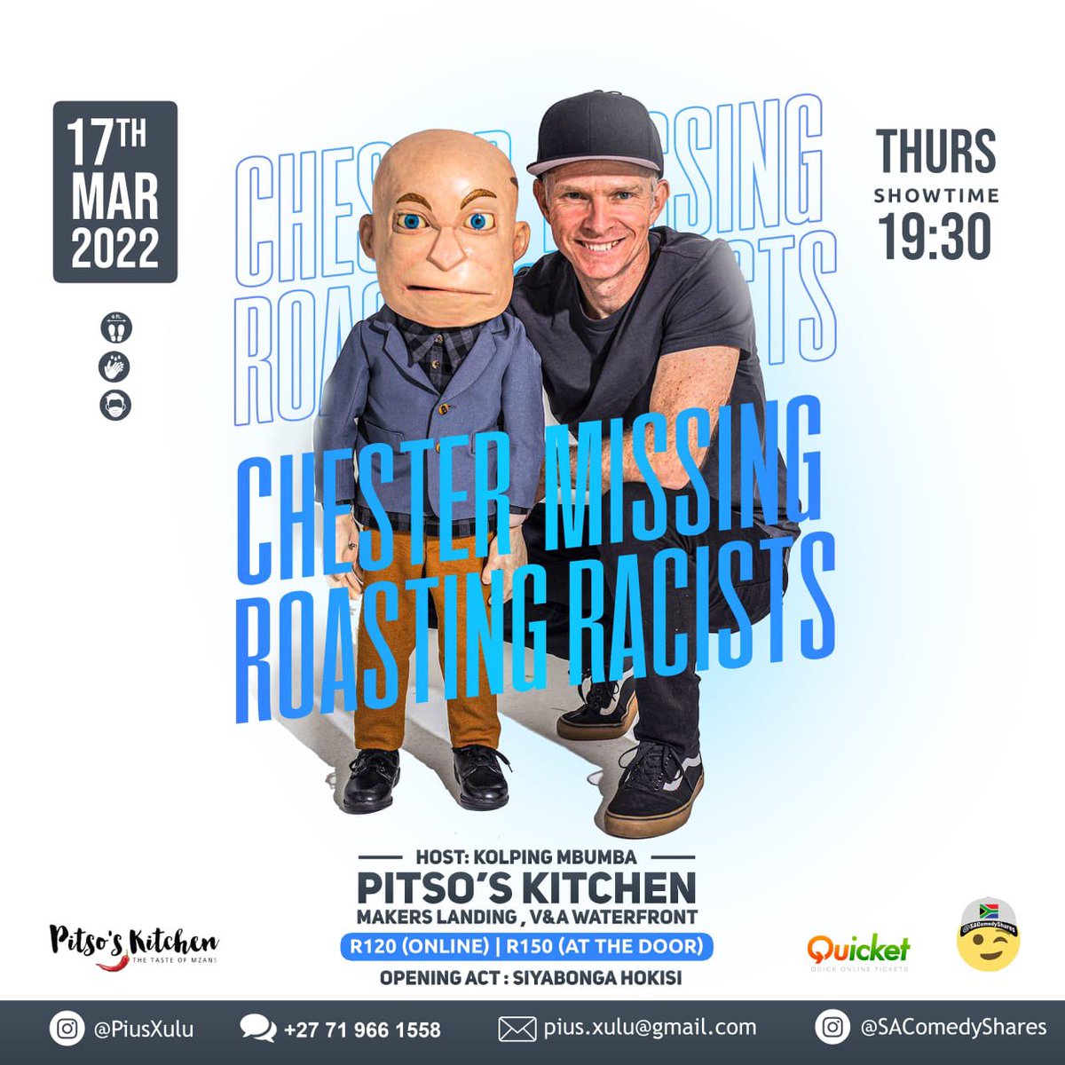 chestermissing's tweet photo. Cape Town, I’m going to be doing part of my ‘new’ show (it’s my older anti-racism show made better) nailing racists at Pitso’s Kitchen on the 17th March. An hour of laughing at racists, racism, Helen, and, of course, that bastard Conrad

You can book here: https://t.co/VViHknlfz2 https://t.co/XFkw0Z1j9m