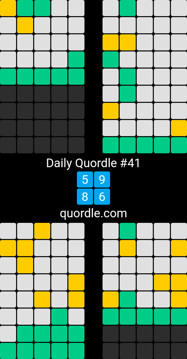 cat__ryan's tweet image. Daily Quordle #41
5️⃣9️⃣
8️⃣6️⃣
quordle.com