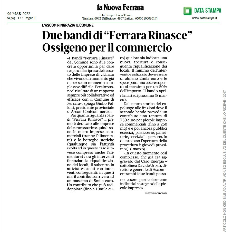 AscomFerrara's tweet photo. I bandi di "Ferrara Rinasce"...opportunità di ripresa per le imprese di vicinato: il punto negli interventi di Giulio Felloni, presidente provinciale di Ascom Confcommercio e  Davide Urban, direttore generale di Ascom. 
👉 per info 📞al 0532-234.232/269 
📧 credito@ascomfe.it https://t.co/kPeZM6PQ29