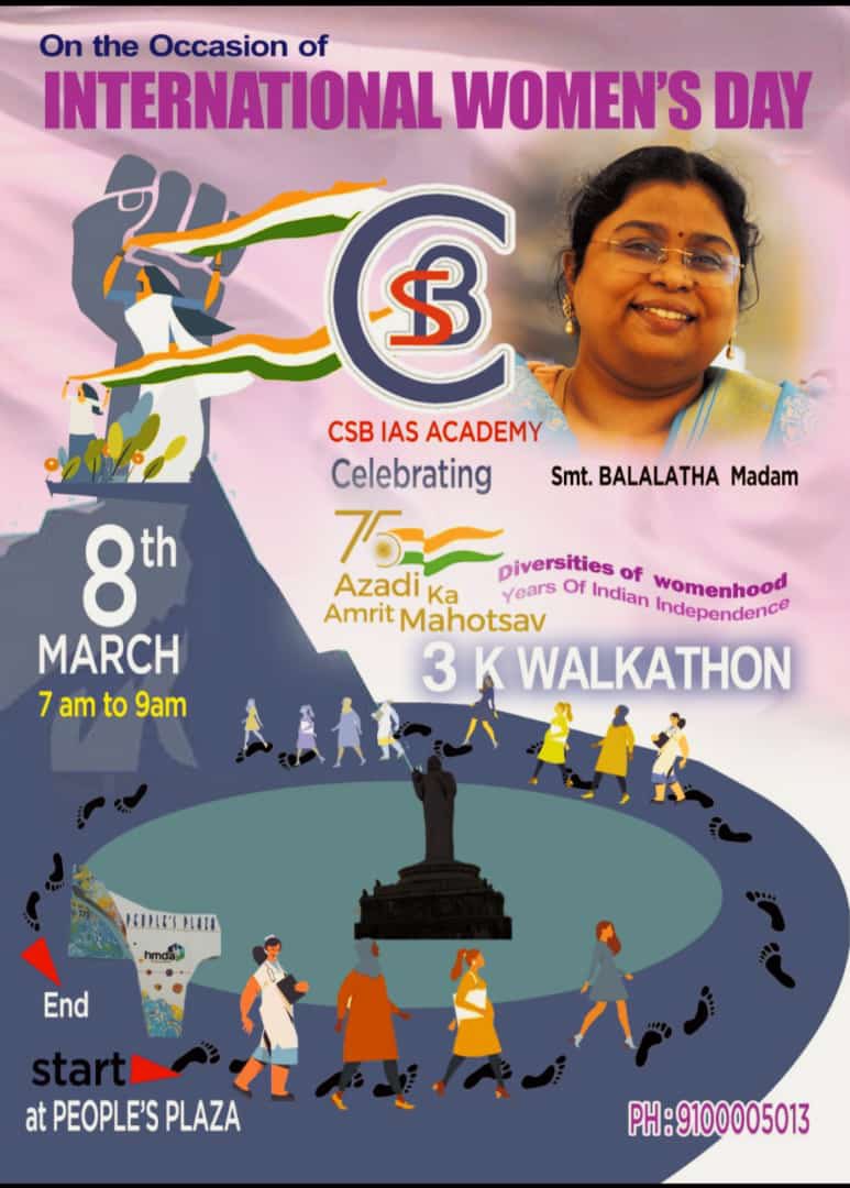 Let’s Join the hands with CSB IAS Academy on the occasion of international women’s Day with CSB 3K Walkathon promoting diversities of womenhood on March 8th starting from people’s plaza hyderabad. <a href="/BalalathaM/">Balalatha Mallavarapu</a> #WomensDay2022 
Register below 👇
docs.google.com/forms/d/1SSHCh…