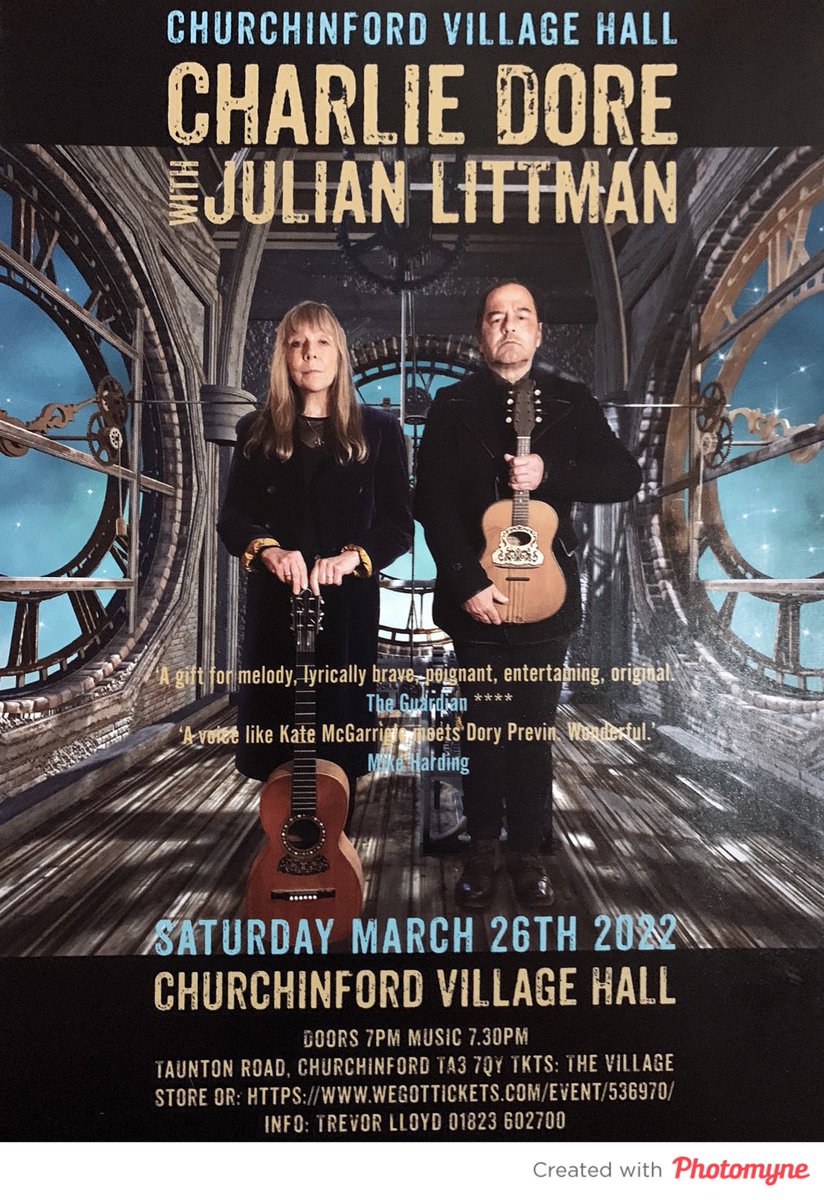 In three weeks the brilliant ⁦<a href="/CharlieDore/">Charlie Dore</a>⁩ will be playing in Churchinford. See poster for details a tix 👍