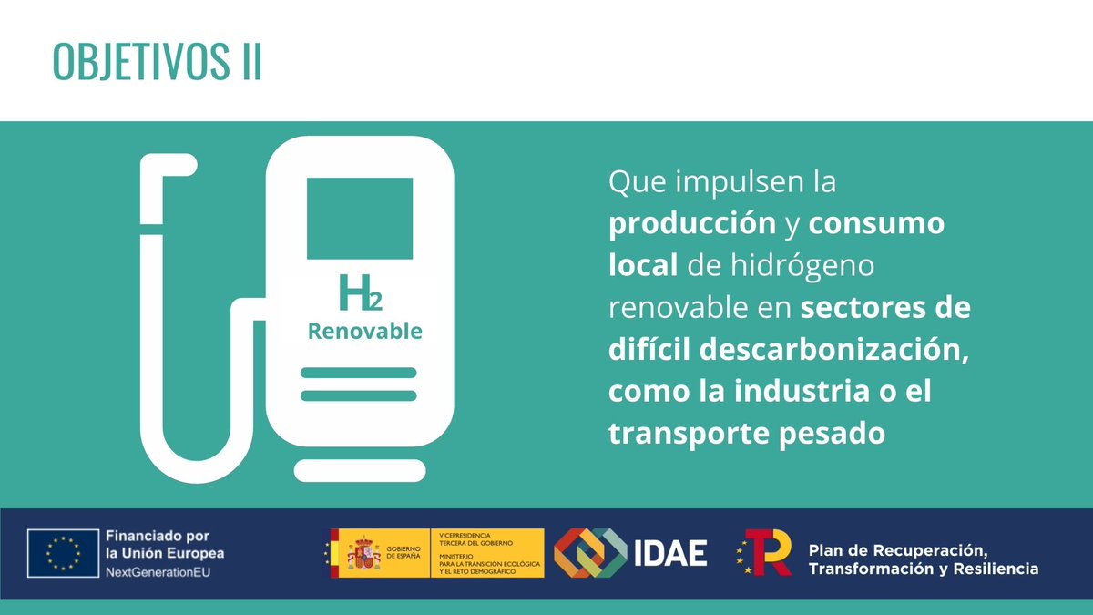 ❗ ¡Desde mañana ya puedes solicitar la convocatoria de ayudas a proyectos pioneros y singulares de #HidrógenoRenovable!

💰 150M€ destinados a iniciativas con viabilidad comercial en sectores de difícil descarbonización.

🗓️ Hasta 06/05

🔗 ow.ly/Tjaq50I08te