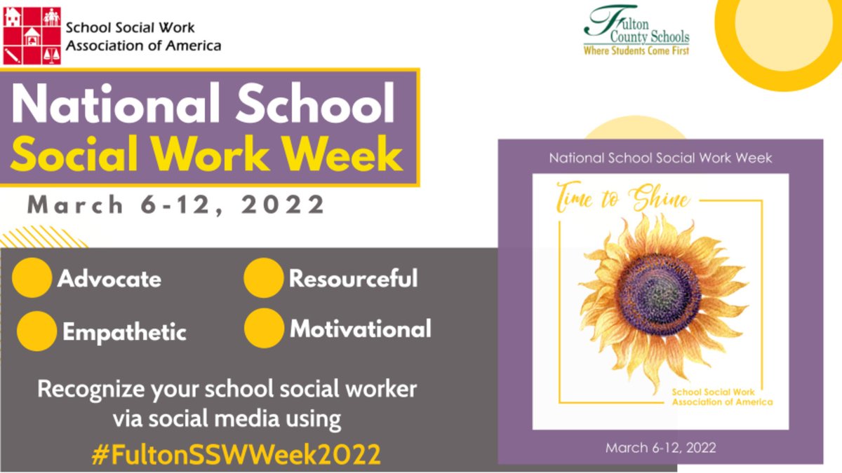 National School Social Worker Week is March 6th-12th. Our school Social Workers have been working diligently both in our schools and out in our communities. As you recognize an FCS Social Worker, share with us using #FultonSSWWeek2022