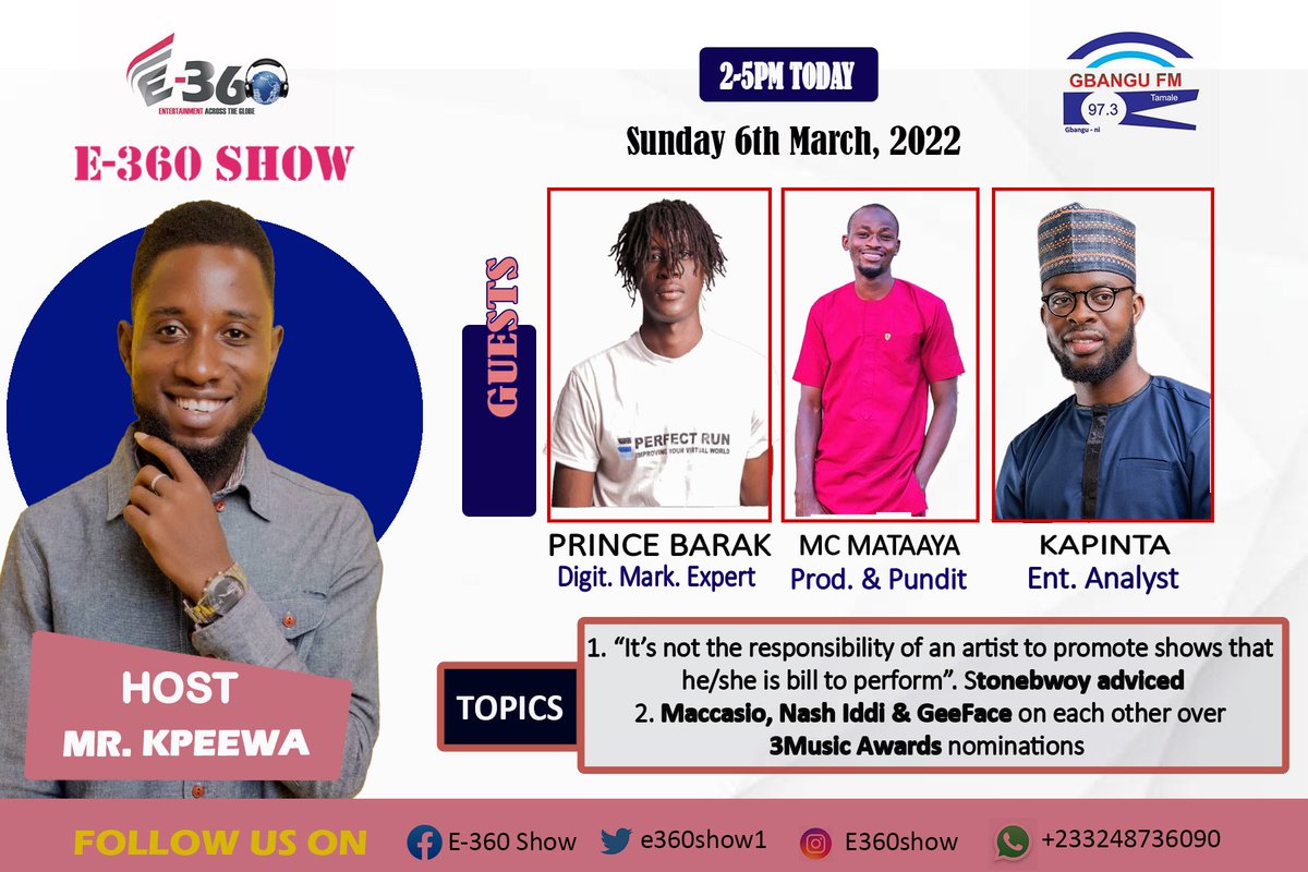 <a href="/E360Show1/">E-360 Show</a> coming through your radio set in a bit
Host: <a href="/MrKpeewa/">HumbleDj</a>
#Gbangu973MHz The Show is also Live on facebook @ Page-facebook.com/21910165412092…