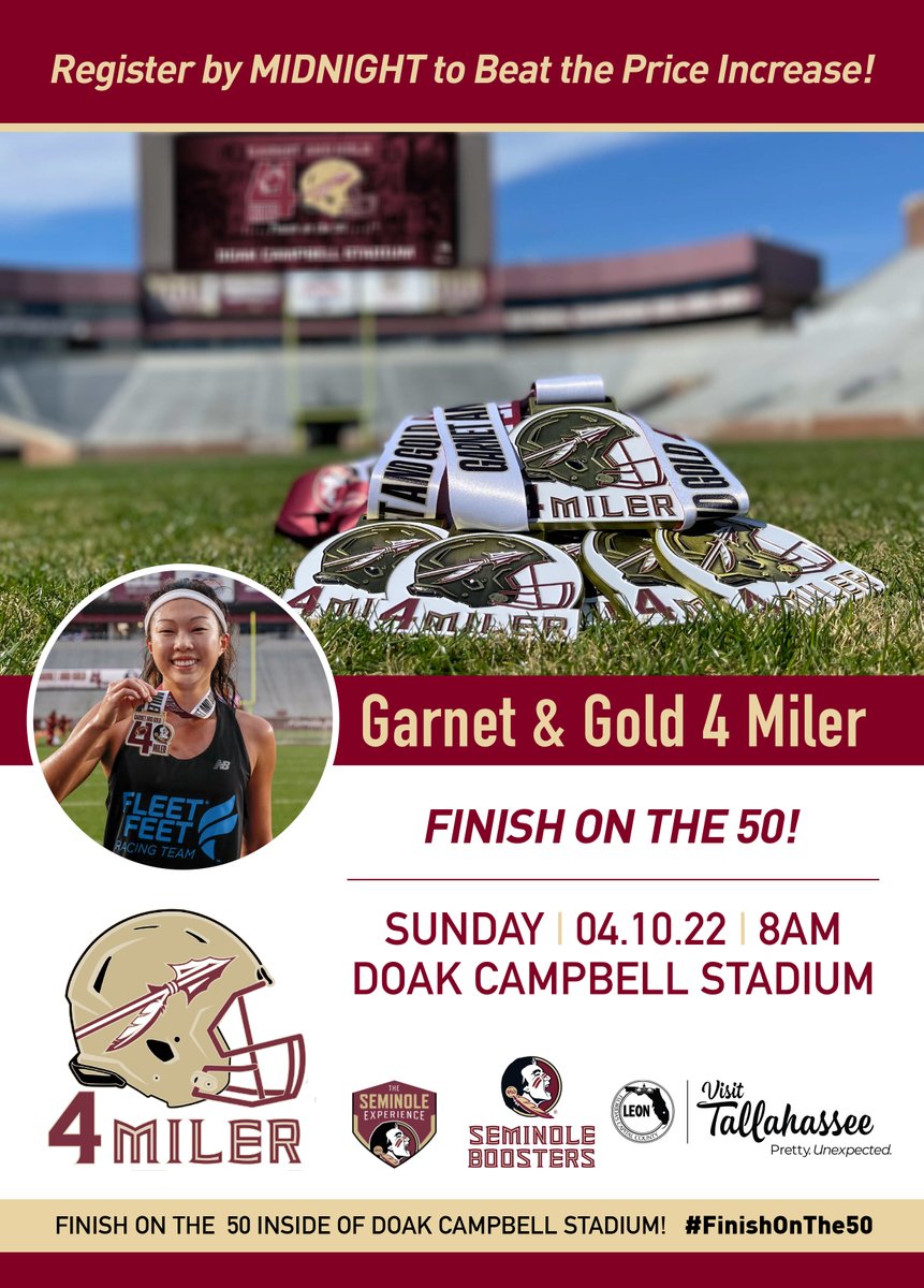 FinishOnThe50's tweet photo. Last chance! Register by Midnight to beat the price increase and secure your spot to Finish on the 50 inside Doak Campbell Stadium!

Register now: https://t.co/08KEG6F6SB

@SeminoleEvents | @Visit_Tally

#FinishOnThe50 #GoNoles https://t.co/w8K1rqU9nK
