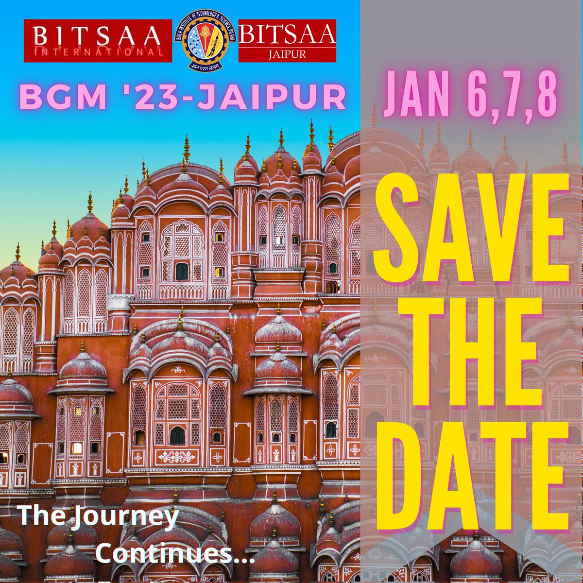 BITSAA's tweet photo. We, @BGM 2023 Organising Team are excited and pleased to formally announce the dates for 𝐁𝐆𝐌‘𝟐𝟑 to be held in 𝐉𝐚𝐢𝐩𝐮𝐫 on 𝟔𝐭𝐡, 𝟕𝐭𝐡 𝐚𝐧𝐝 𝟖𝐭𝐡 𝐉𝐚𝐧𝐮𝐚𝐫𝐲, 𝟐𝟎𝟐𝟑.
𝐖𝐚𝐭𝐜𝐡 𝐨𝐮𝐭 𝐟𝐨𝐫 𝐟𝐮𝐫𝐭𝐡𝐞𝐫 𝐮𝐩𝐝𝐚𝐭𝐞𝐬 𝐨𝐧 𝐁𝐆𝐌’𝟐𝟑 @𝐉𝐚𝐢𝐩𝐮𝐫 !!!
#BGM https://t.co/YoAo2ZfFZM