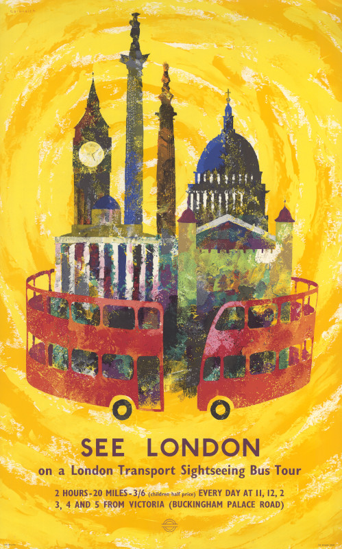 ltmuseum's tweet photo. In this 1959 poster by Victor Gabraith, a double-decker bus encircles the Capitalโs famous landmarks. The poster visually reinforced how easy it was to see all the sights on a London Transport sightseeing tour #LTMCollections https://t.co/Mz5lIapRZ0 https://t.co/LGmLzTwDQY