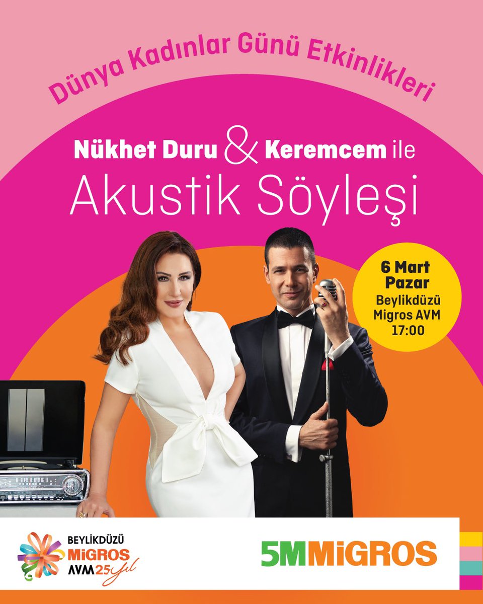 Nükhet Duru ve Keremcem’le Dünya Kadınlar Günü’ne özel “Akustik Söyleşi” 6 Mart Pazar günü Beylikdüzü Migros’ta! <a href="/NukhetDuru/">Nükhet Duru</a> <a href="/keremcemcomtr/">Keremcem</a> <a href="/Migros_Turkiye/">Migros Türkiye</a> <a href="/bmigrosavm/">Beylikdüzü Migros AVM</a>