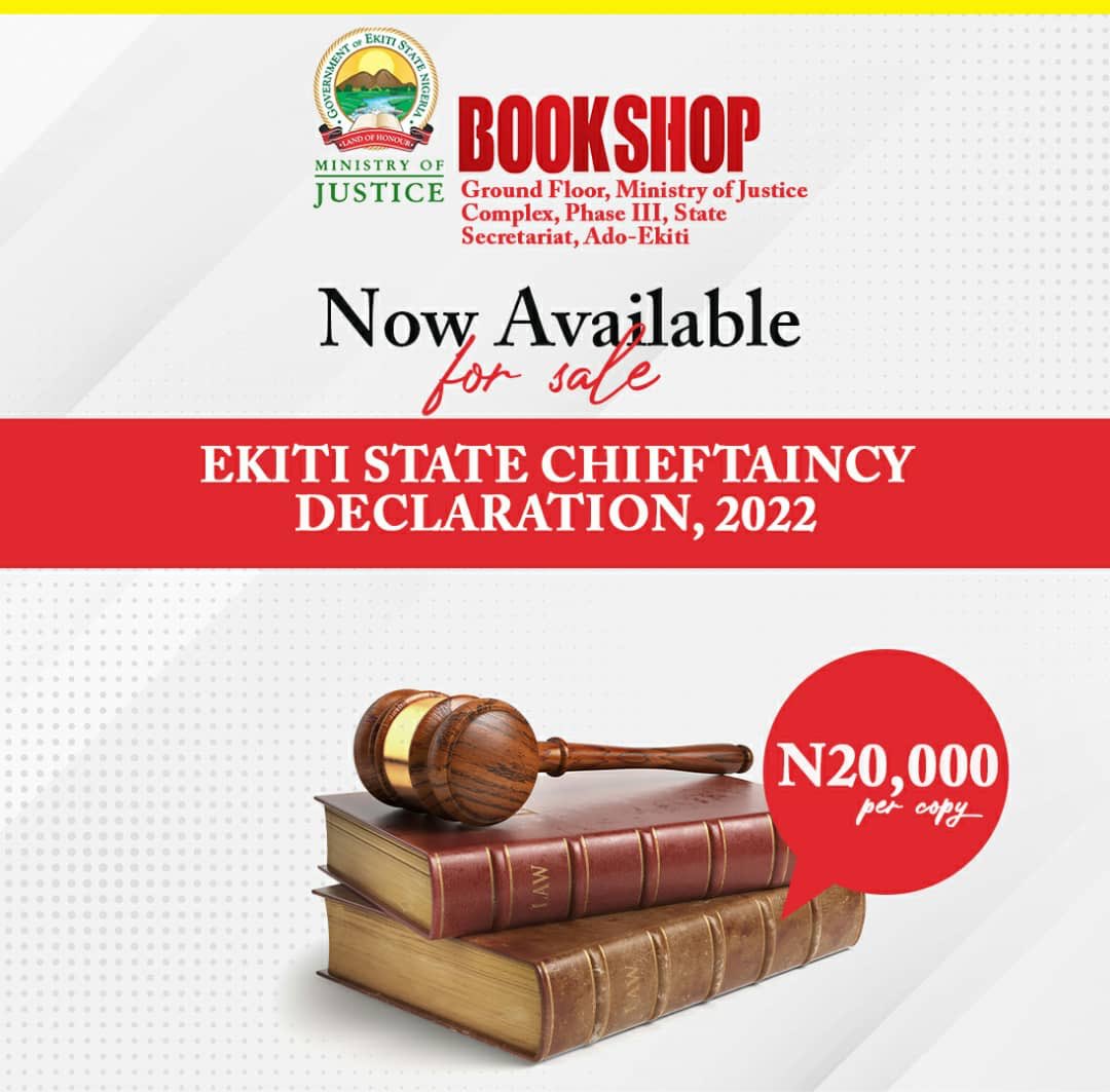 Now available for sale at the Ministry of Justice Complex!!!

PRICE:

1. Ekiti State Criminal Law, 2021 - N10,000 per copy
2. Ekiti State Chieftaincy Declaration - N20,000

DM for more details!