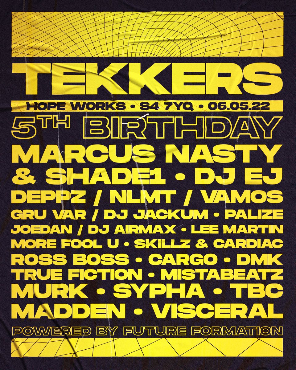 Tekkers_Sheffield (@tekkers_shef) on Twitter photo TEKKERS 5TH BIRTHDAY FRIDAY 6TH MAY AT HOPE WORKS skiddle.com/e/36028295
MARCUS NASTY /SHADE1 (Nasty Bros)
DJ EJ
NLMT
DEPPZ
VAMOS
PALIZE
MORE FOOL U + MORE 💣 <a href="/HopeWorksSheff/">Hope Works</a> <a href="/MarcusNasty/">Marcus Nasty</a> <a href="/NLMTmusic/">NLMT</a> <a href="/murk_dj/">Murk</a> <a href="/DJEJuk/">DJ EJ uk</a> <a href="/JordDeppz/">☔️DEPPZ☔️</a> <a href="/VamosUK_/">Vamos</a> <a href="/skillzyboy/">SKILLZ</a> <a href="/MoreFoolU/">More Fool U</a> <a href="/sypha_uk/">SYPHA_UK</a> TEKKERS 5TH BIRTHDAY FRIDAY 6TH MAY AT HOPE WORKS skiddle.com/e/36028295
MARCUS NASTY /SHADE1 (Nasty Bros)
DJ EJ
NLMT
DEPPZ
VAMOS
PALIZE
MORE FOOL U + MORE 💣 <a href="/HopeWorksSheff/">Hope Works</a> <a href="/MarcusNasty/">Marcus Nasty</a> <a href="/NLMTmusic/">NLMT</a> <a href="/murk_dj/">Murk</a> <a href="/DJEJuk/">DJ EJ uk</a> <a href="/JordDeppz/">☔️DEPPZ☔️</a> <a href="/VamosUK_/">Vamos</a> <a href="/skillzyboy/">SKILLZ</a> <a href="/MoreFoolU/">More Fool U</a> <a href="/sypha_uk/">SYPHA_UK</a>