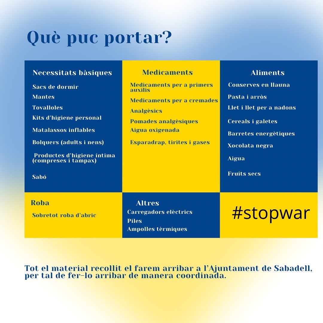 CN_Sabadell's tweet photo. 🤝⚪️🔵A partir del pròxim dimarts dia 8 i fins divendres 11 de març, campanya de recollida de roba, aliments i medicaments per ajudar a Ucraïna #stopwarinukraine #stopputin #stopwarinukraine🇺🇦 https://t.co/9MjqSXiMvh
