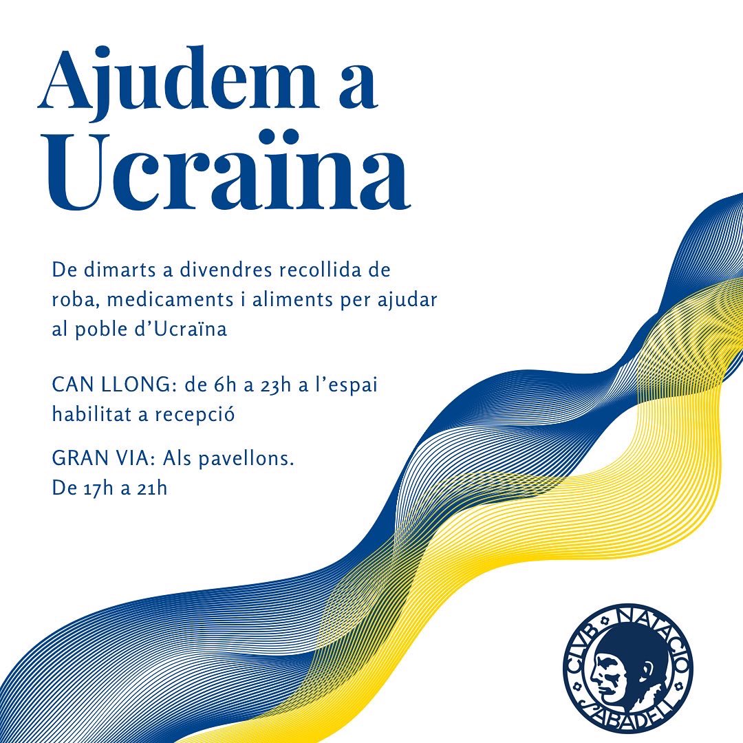 CN_Sabadell's tweet photo. 🤝⚪️🔵A partir del pròxim dimarts dia 8 i fins divendres 11 de març, campanya de recollida de roba, aliments i medicaments per ajudar a Ucraïna #stopwarinukraine #stopputin #stopwarinukraine🇺🇦 https://t.co/9MjqSXiMvh