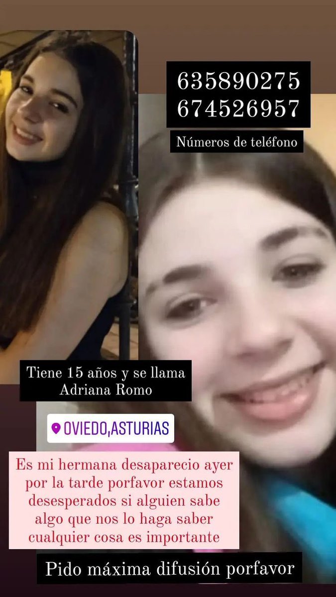 irissuwu's tweet photo. Ha desaparecido otra niña en Oviedo... aún no lo he visto en twitter así que lo pongo por aquí para que se difunda lo máximo posible. No quiero imaginar como me sentiría yo si fuese mi hermana...
Gente de Oviedo y alrededores maxima difunsion! https://t.co/MLB7ew9Plu