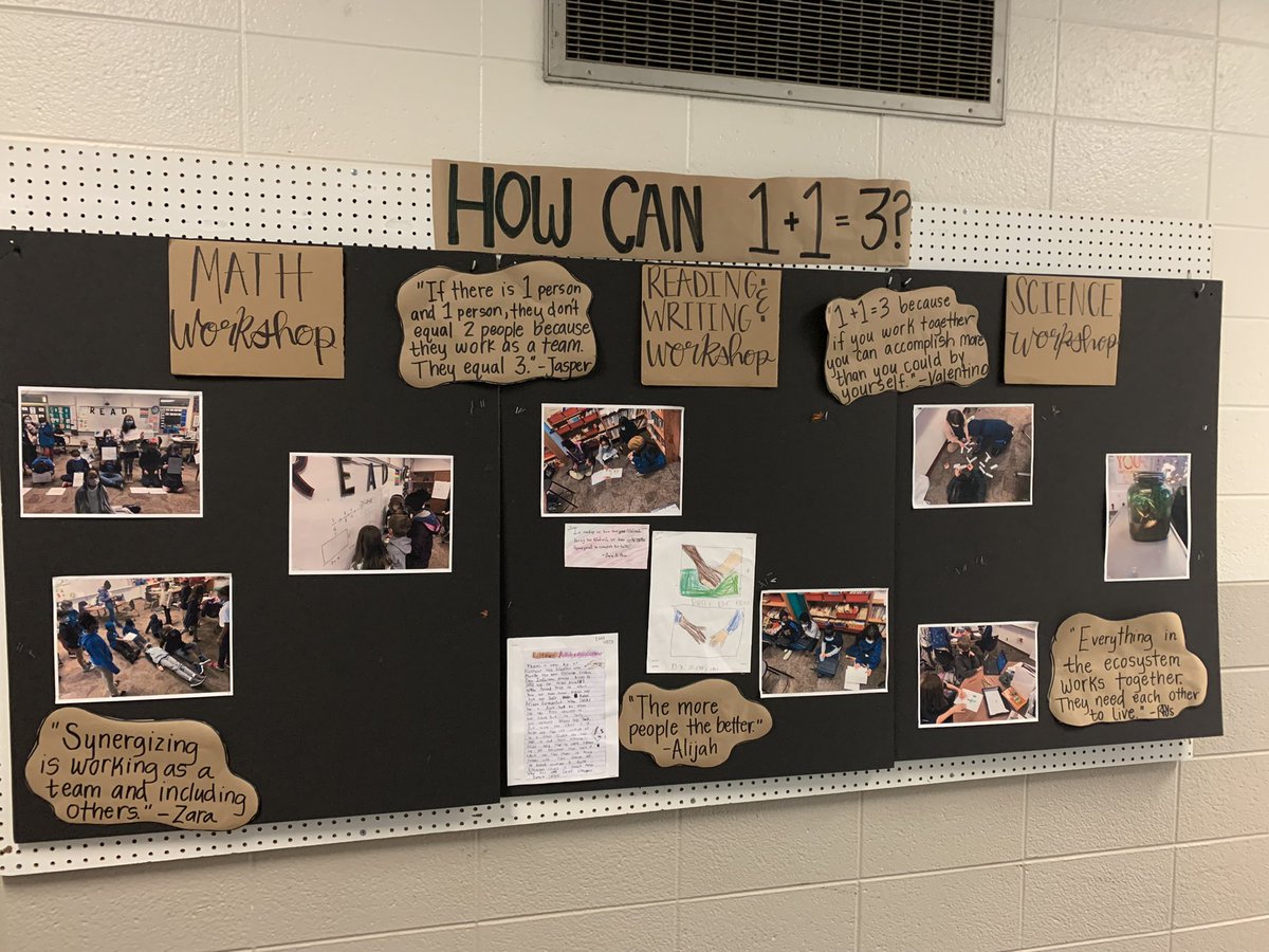 MsTravis12's tweet photo. Check out our bulletin board in progress!

How can 1+1= 3? 

“If there is 1 person and 1 person, they don’t equal 2 people, because they work as a team they equal 3!” -4th grader  

How can we be BETTER TOGETHER ? #synergizing @ButlerLabSchool #fourthgrade https://t.co/ab1D6PZyDX