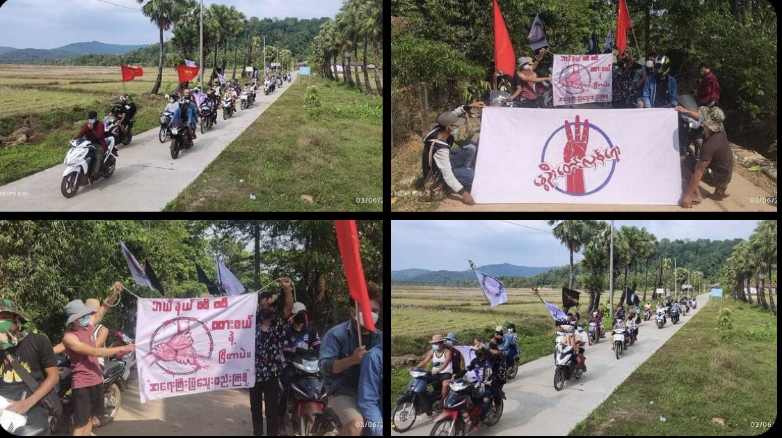 Treza992's tweet photo. Pro-democracy people from Thayetchaung Tsp, rallied and staged their rejection towards military dictatorship today.   #MassacreInMyanmarByJunta #2022Mar6Coup #WhatsHappeningInMyanmar https://t.co/mjb7hEVmyB