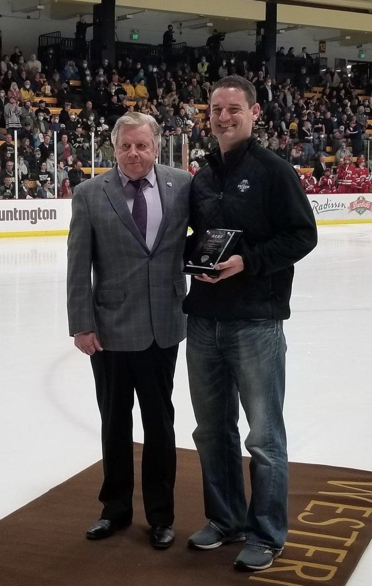 WMHOfficials's tweet photo. Congrats to West Michigan officials Brent Gawlik and John Philo, as they both were honored last night by @TheNCHC for their retirements from NCAA hockey. Brent skated 27 total seasons, and John 25 total seasons. Two great officials, and even greater people. https://t.co/g8fvhiwwHI
