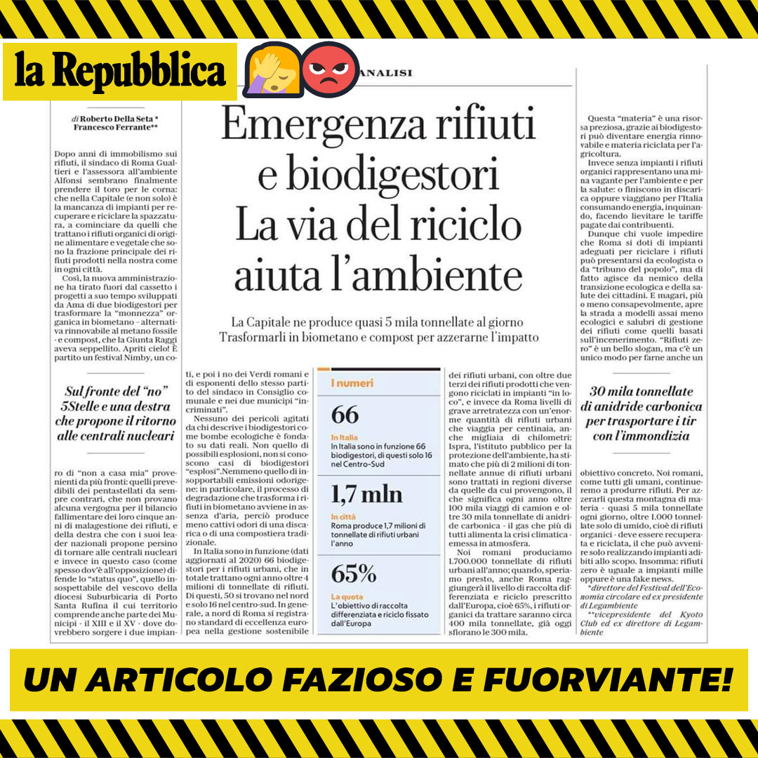 LRifiutiZero's tweet photo. @larepubblica4 articolo fazioso e pericolosamente fuorviante su #biogas e #biometano a firma @robdellaseta @FranFerrante. @legambiente sostiene una tecnologia fuori da #economiacircolare 👉https://t.co/EqWsskkcej https://t.co/fPI73Wgwrw