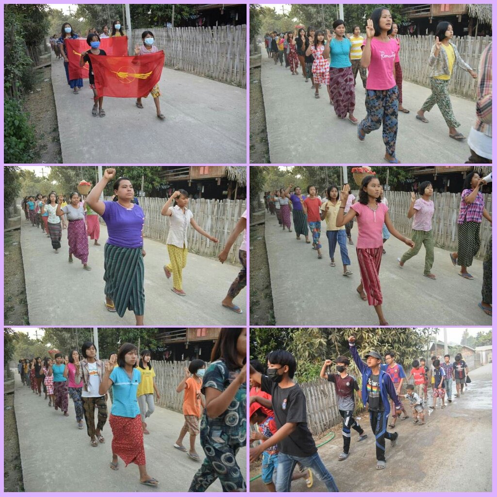 Treza992's tweet photo. Pro-democracy people from Bein Nwe Chaung Village, Yinmarpin Township staged a protest against military dictatorship.   #MassacreInMyanmarByJunta #2022Mar6Coup #WhatsHappeningInMyanmar https://t.co/mLO189GSwA