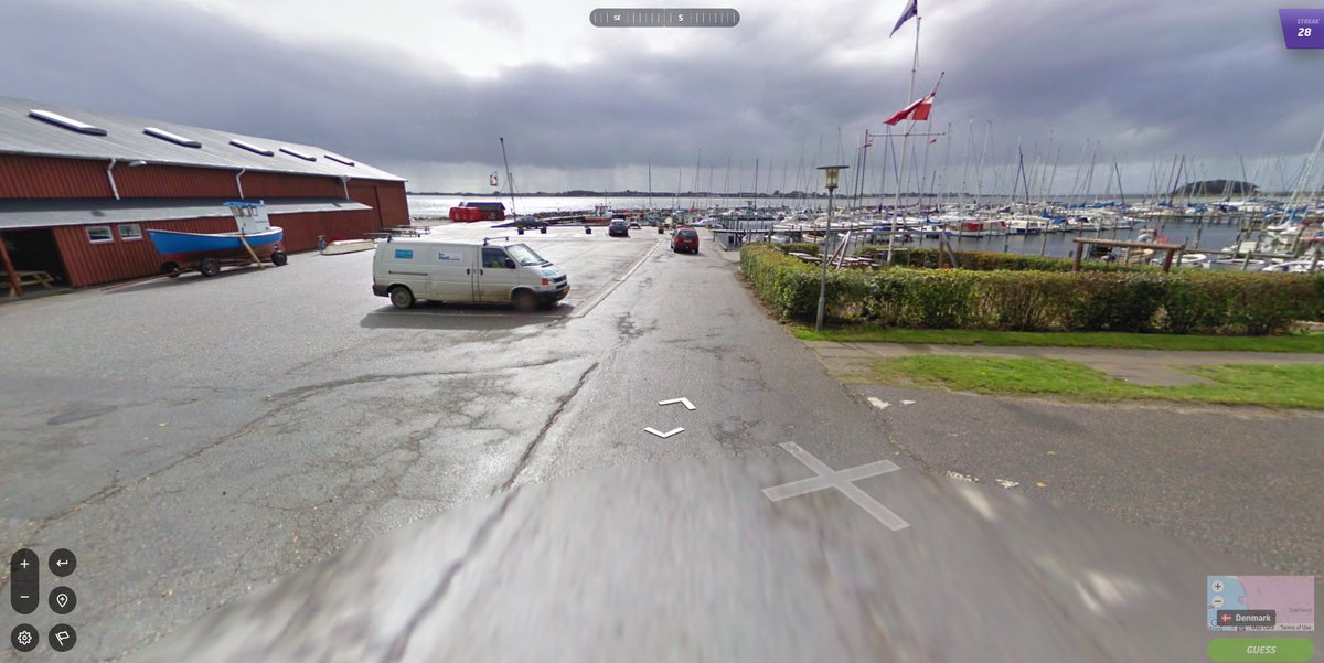 Dragonfly_Pub's tweet photo. On this morning's Geoguesser, I started on a trail somewhere that led to a coastal town. Weird but pretty. a URL and flag helped me know I was in Denmark finally! https://t.co/u412GoULVr