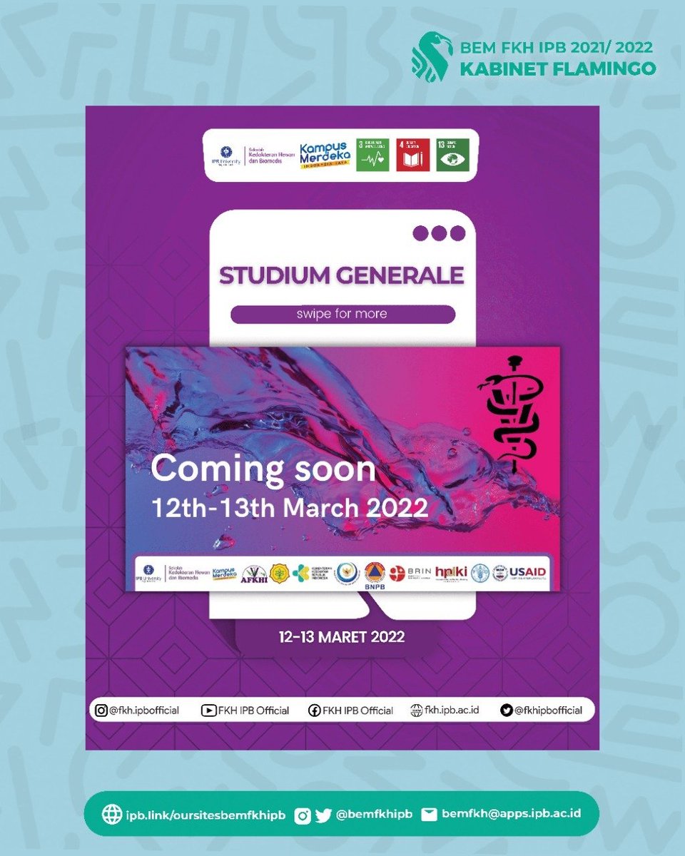 Hai, #SKHBIPBNesian!

Studium Generale with the theme of "Enriching One Health Materials in Antibiotic Use and Resistance, Rabies Control, and Saving Animal during Natural Disasters in Indonesia" is coming soon, so stay tune!

#IPBUniversity
#SKHBIPBUniversity
#KampusTerbaik