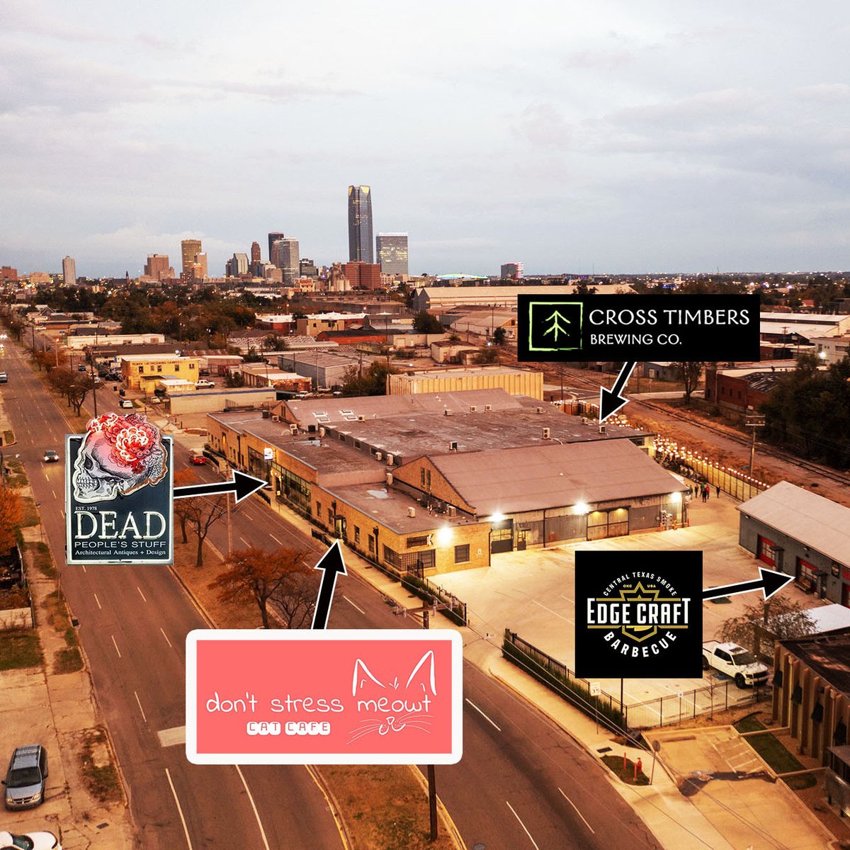 OKCTalk's tweet photo. Oklahoma's first cat cafe is planning a May 8th opening at 1900 Linwood, just west of Dead People's Stuff.  Don't Stress Meowt will offer coffee and baked goods with a separate cat room where patrons can mingle with -  and hopefully adopt – kitties that need a home. https://t.co/zcOEDZdSPu